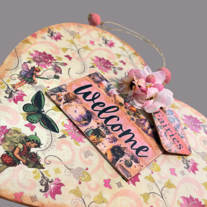 Handmade Fairy Welcome Heart Wall Hanging - Shabby Chic Decoupage Fairy Garden Decor