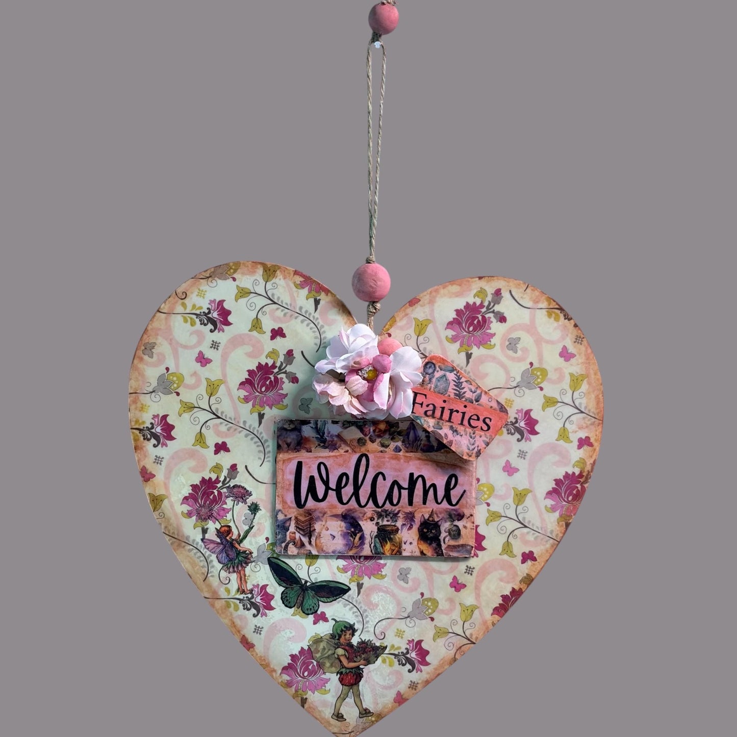 Handmade Fairy Welcome Heart Wall Hanging - Shabby Chic Decoupage Fairy Garden Decor