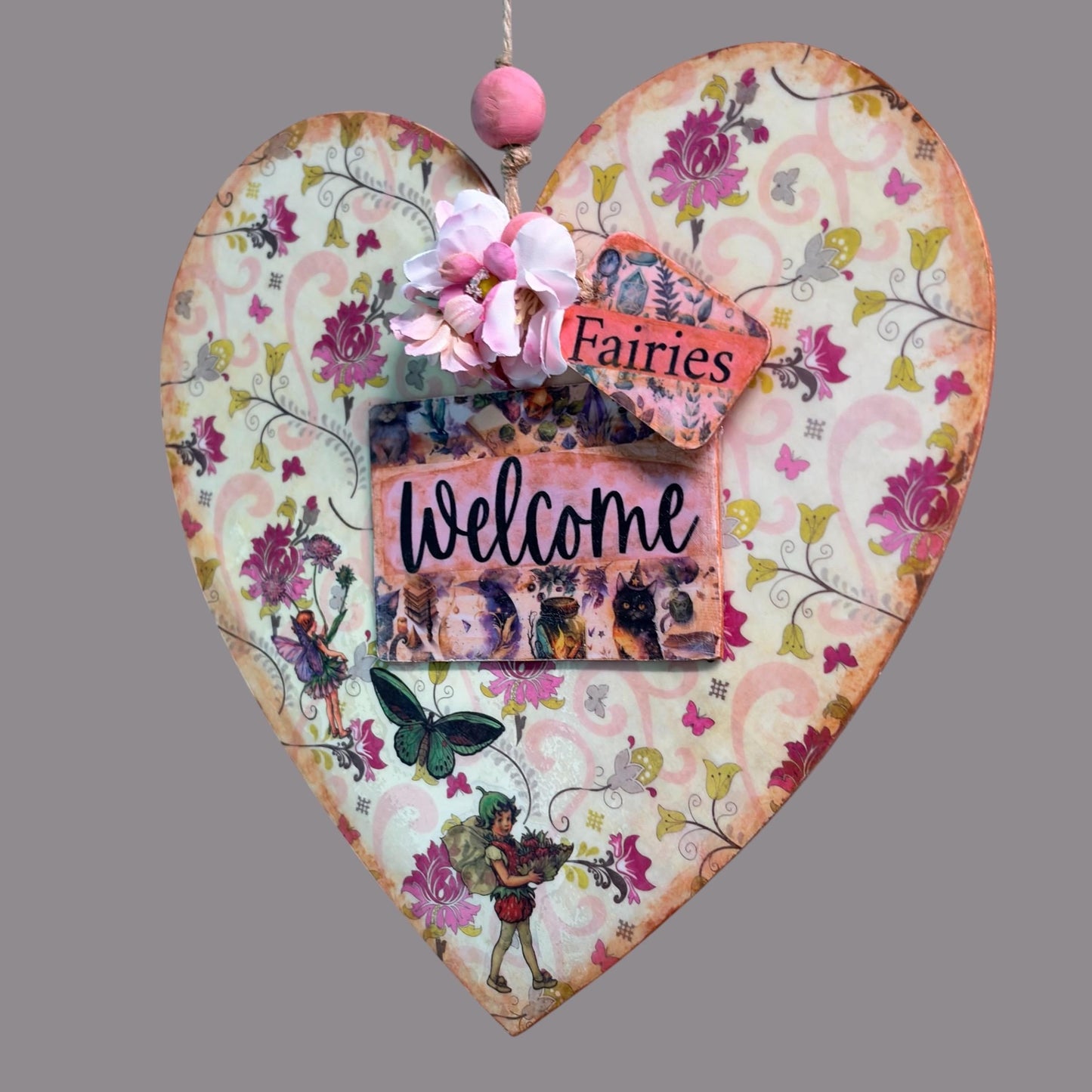 Handmade Fairy Welcome Heart Wall Hanging - Shabby Chic Decoupage Fairy Garden Decor