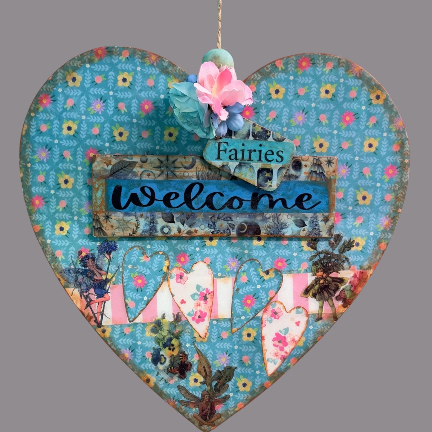 Handmade Fairy Welcome Heart Wall Hanging - Shabby Chic Decoupage Fairy Garden Decor