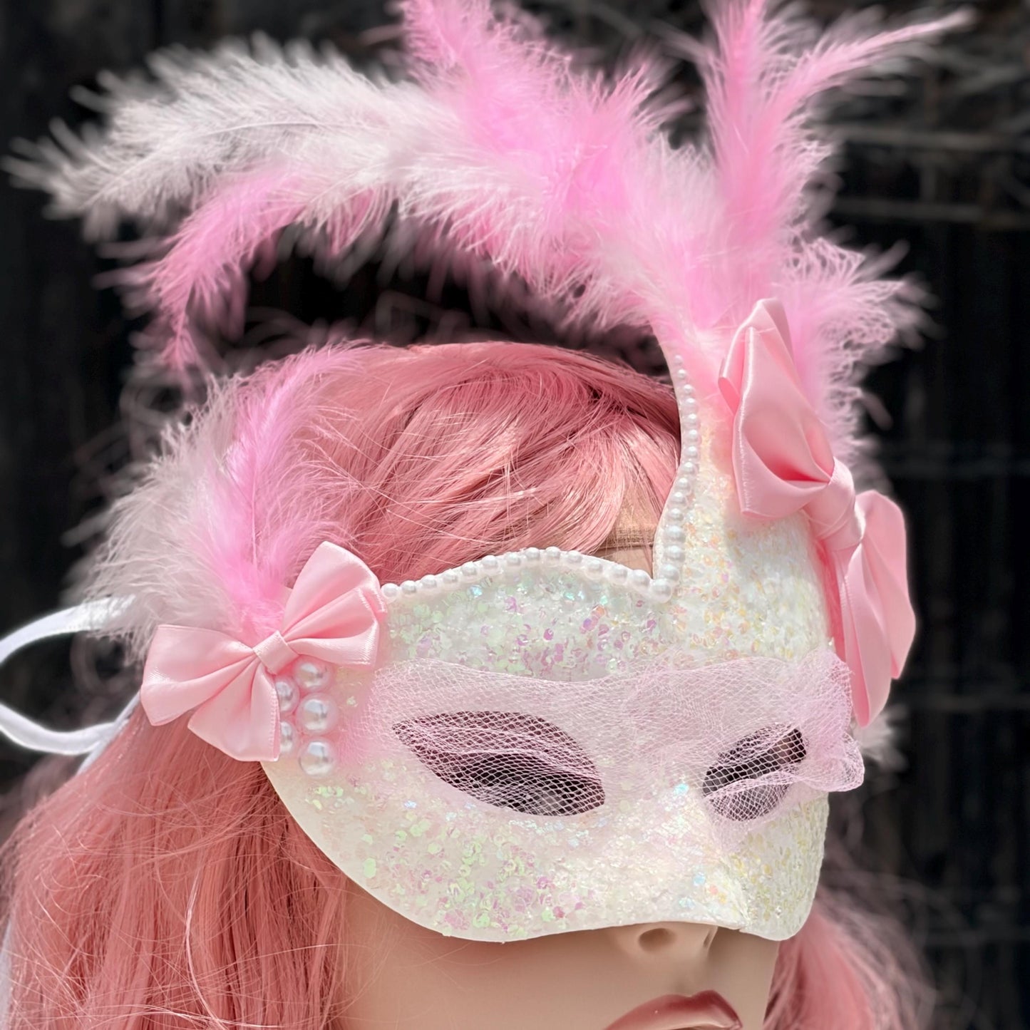 White & Pink Masquerade Mask with Mesh Veil,  – Fairycore Princess, Weddingcore