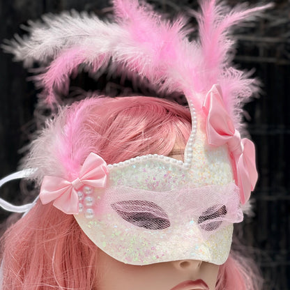 White & Pink Masquerade Mask with Mesh Veil,  – Fairycore Princess, Weddingcore