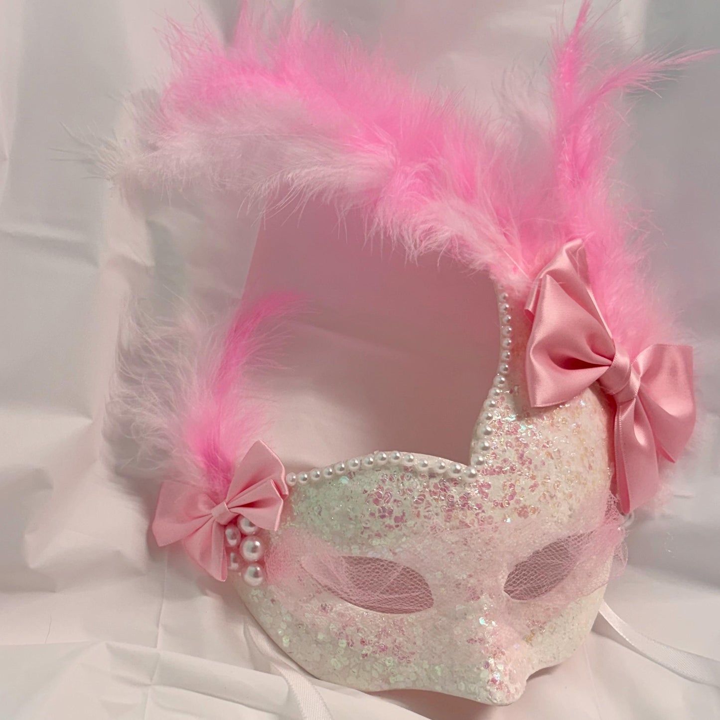 White & Pink Masquerade Mask with Mesh Veil,  – Fairycore Princess, Weddingcore