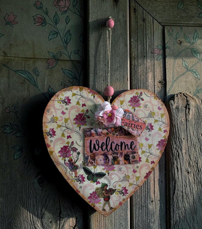 Handmade Fairy Welcome Heart Wall Hanging - Shabby Chic Decoupage Fairy Garden Decor