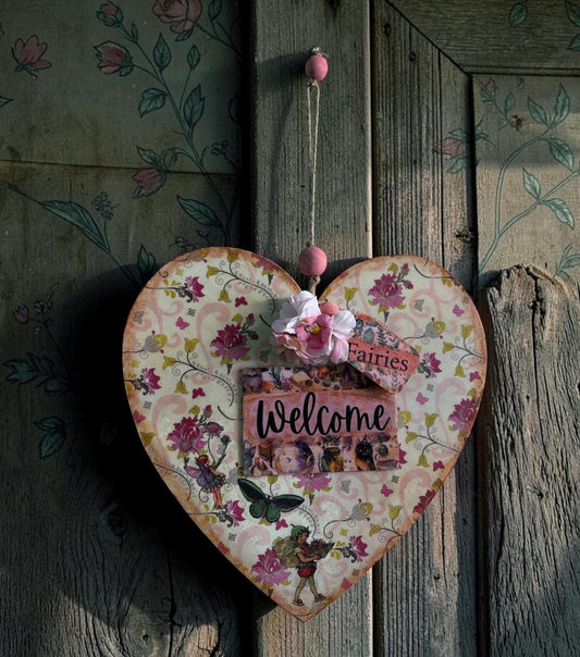Handmade Fairy Welcome Heart Wall Hanging - Shabby Chic Decoupage Fairy Garden Decor