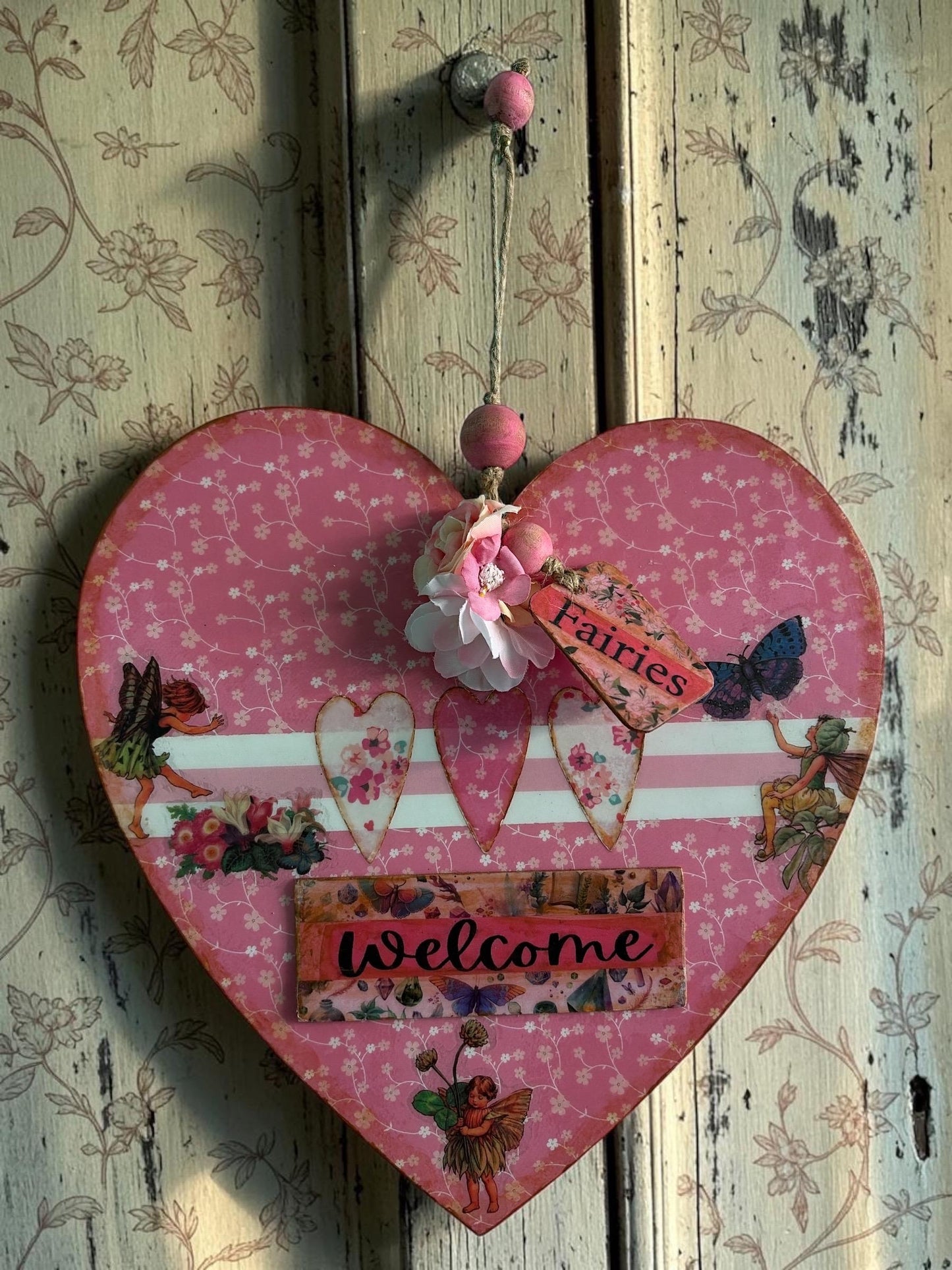 Handmade Fairy Welcome Heart Wall Hanging - Shabby Chic Decoupage Fairy Garden Decor