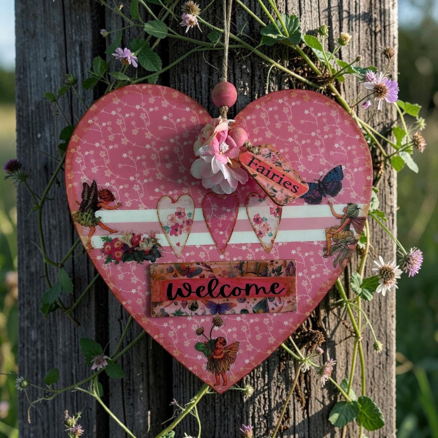 Handmade Fairy Welcome Heart Wall Hanging - Shabby Chic Decoupage Fairy Garden Decor