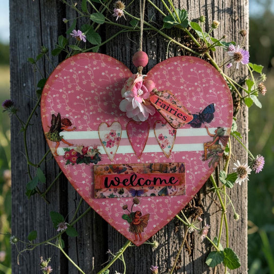 Handmade Fairy Welcome Heart Wall Hanging - Shabby Chic Decoupage Fairy Garden Decor