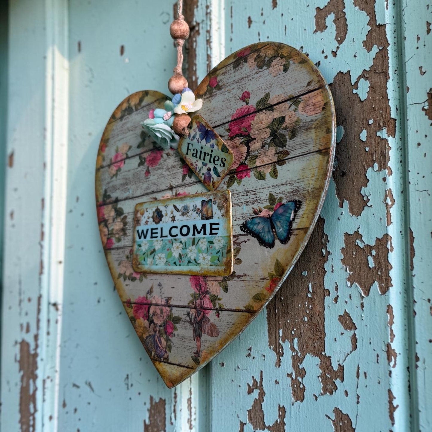 Handmade Fairy Welcome Heart Wall Hanging - Shabby Chic Decoupage Fairy Garden Decor