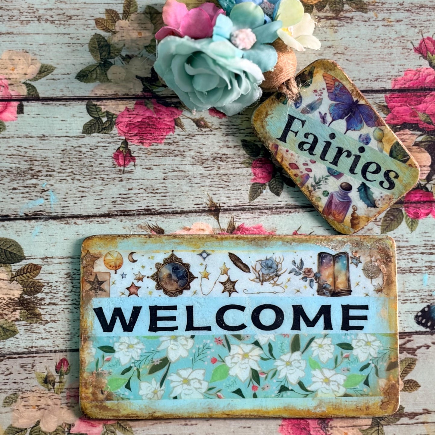 Handmade Fairy Welcome Heart Wall Hanging - Shabby Chic Decoupage Fairy Garden Decor