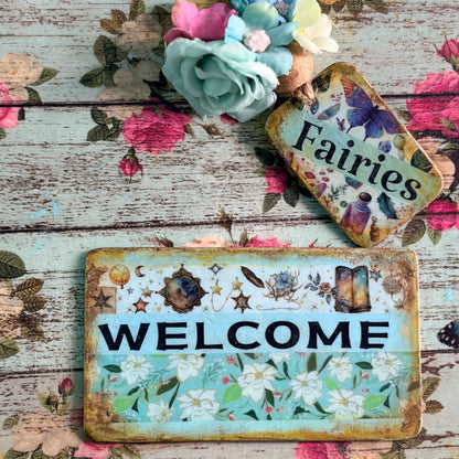 Handmade Fairy Welcome Heart Wall Hanging - Shabby Chic Decoupage Fairy Garden Decor