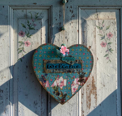Handmade Fairy Welcome Heart Wall Hanging - Shabby Chic Decoupage Fairy Garden Decor