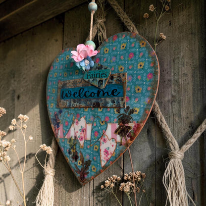 Handmade Fairy Welcome Heart Wall Hanging - Shabby Chic Decoupage Fairy Garden Decor