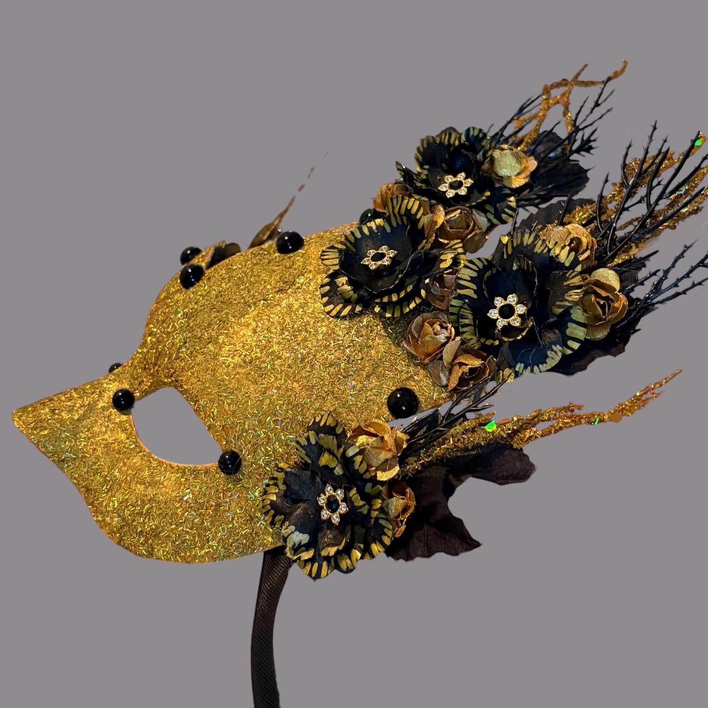 Golden Woodland Masquerade Mask – Glitter, Black Flowers, faux black pearl, Paper Mache