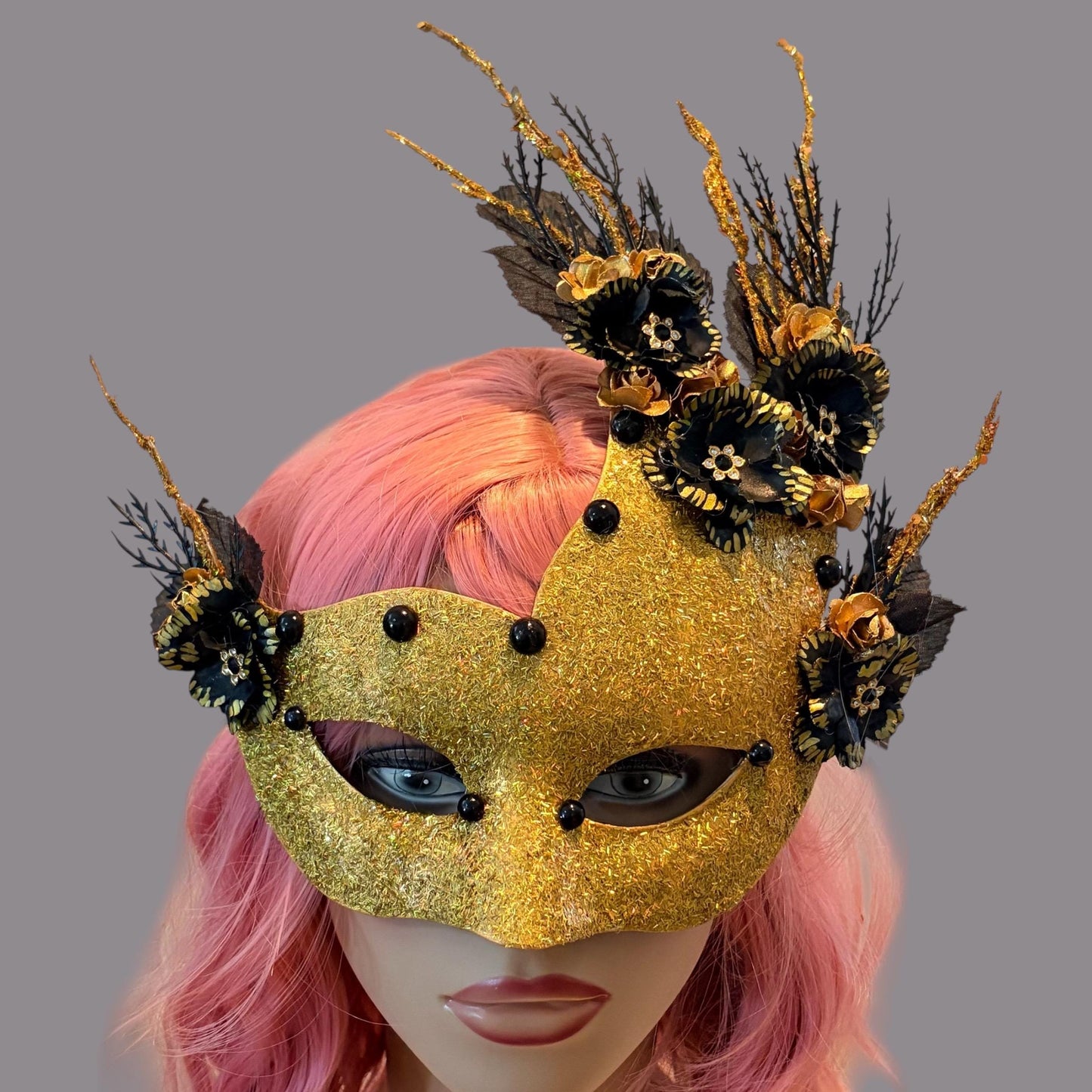 Golden Woodland Masquerade Mask – Glitter, Black Flowers, faux black pearl, Paper Mache