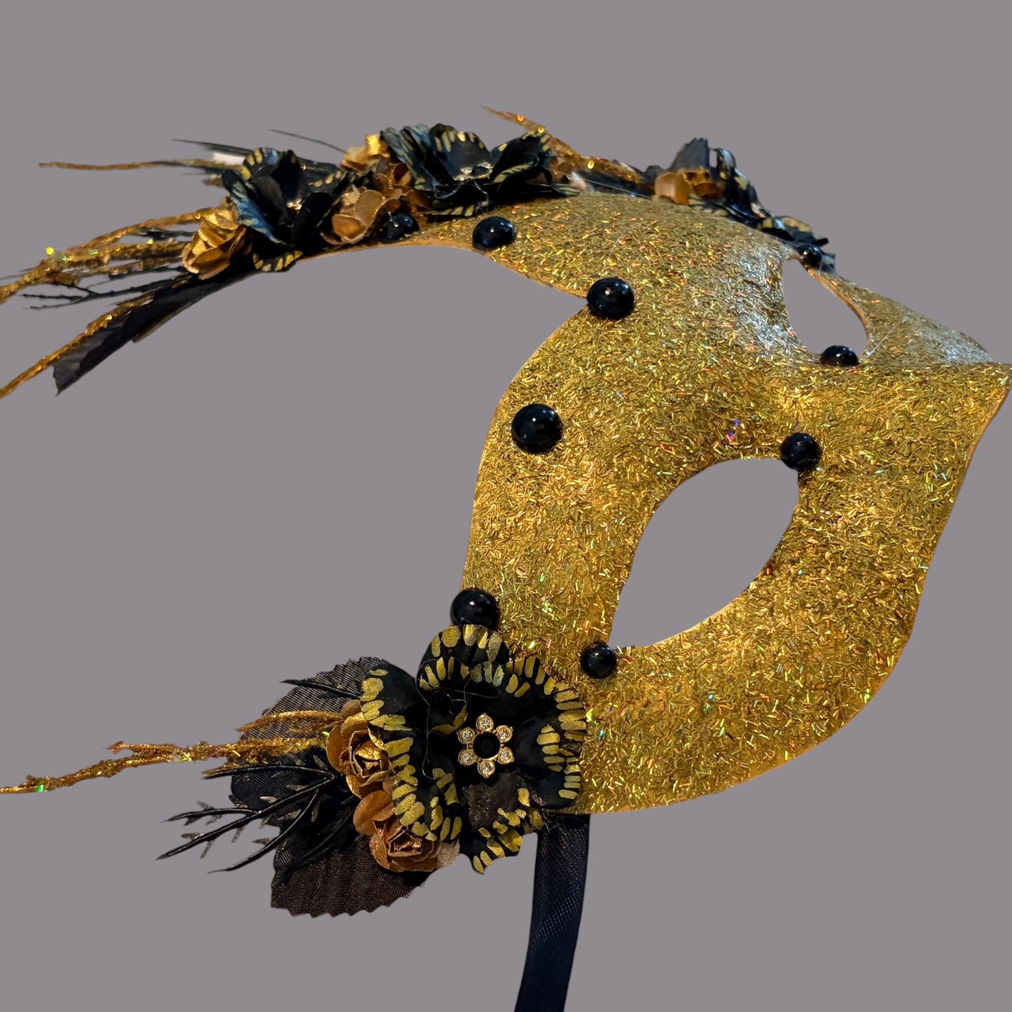 Golden Woodland Masquerade Mask – Glitter, Black Flowers, faux black pearl, Paper Mache