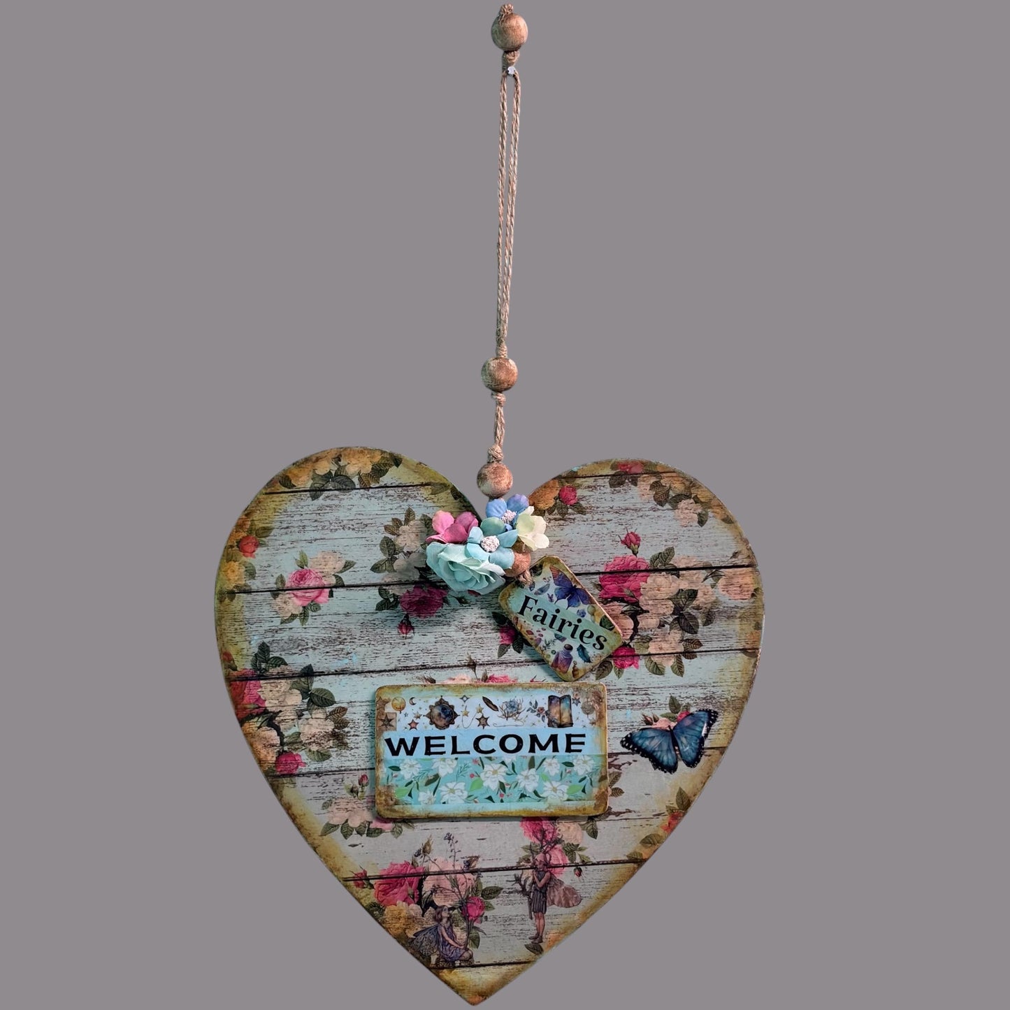 Handmade Fairy Welcome Heart Wall Hanging - Shabby Chic Decoupage Fairy Garden Decor