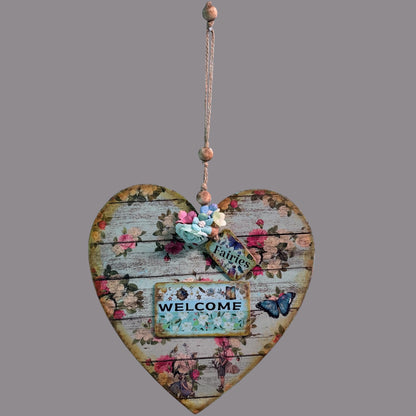 Handmade Fairy Welcome Heart Wall Hanging - Shabby Chic Decoupage Fairy Garden Decor