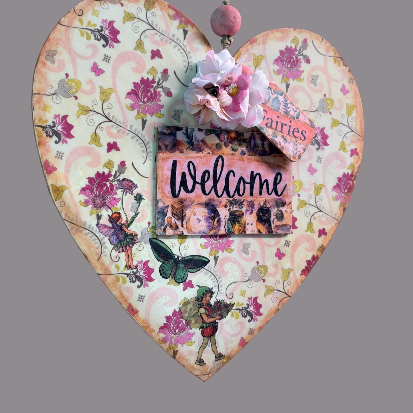 Handmade Fairy Welcome Heart Wall Hanging - Shabby Chic Decoupage Fairy Garden Decor
