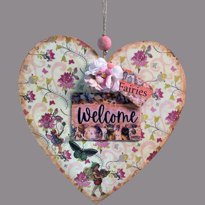Handmade Fairy Welcome Heart Wall Hanging - Shabby Chic Decoupage Fairy Garden Decor