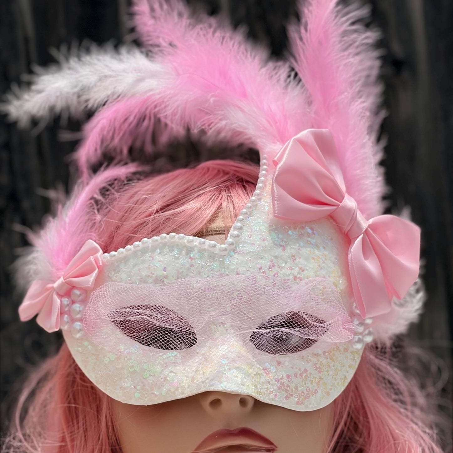 White & Pink Masquerade Mask with Mesh Veil,  – Fairycore Princess, Weddingcore