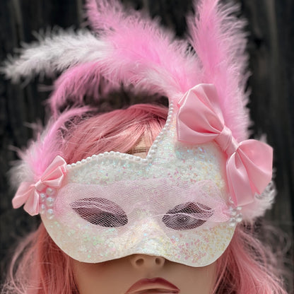 White & Pink Masquerade Mask with Mesh Veil,  – Fairycore Princess, Weddingcore