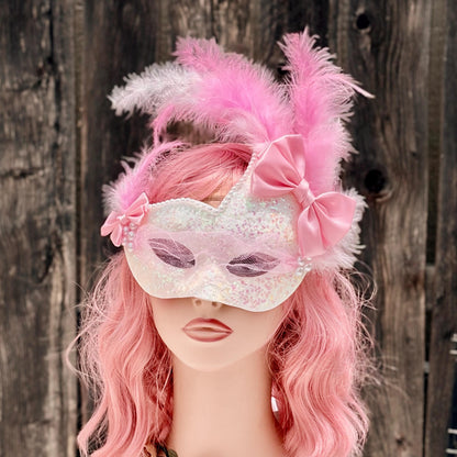 White & Pink Masquerade Mask with Mesh Veil,  – Fairycore Princess, Weddingcore