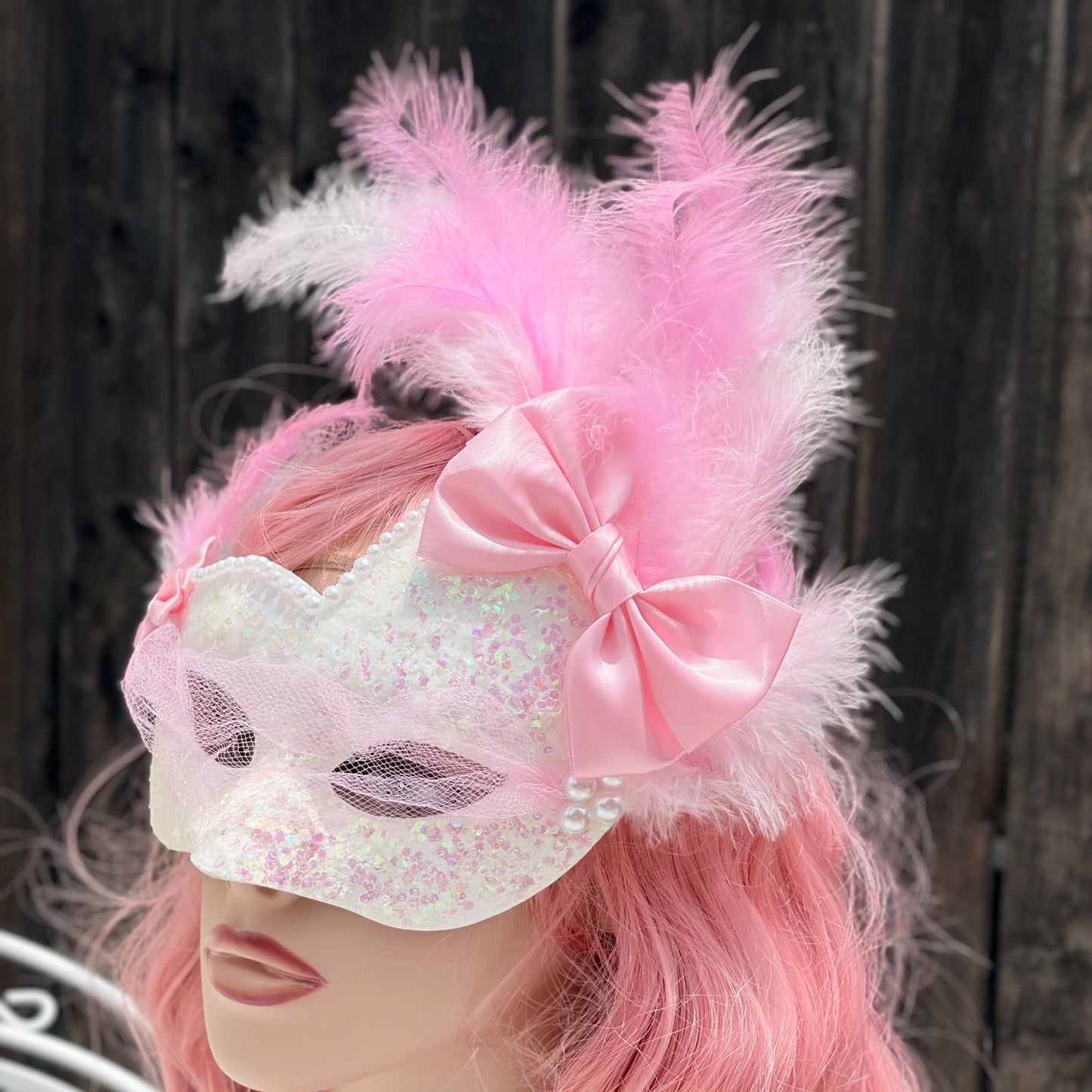 White & Pink Masquerade Mask with Mesh Veil,  – Fairycore Princess, Weddingcore