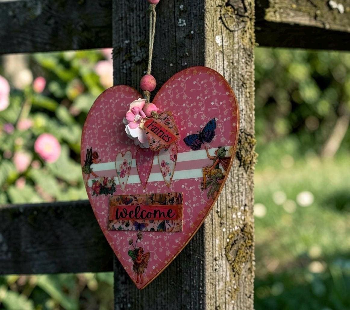 Handmade Fairy Welcome Heart Wall Hanging - Shabby Chic Decoupage Fairy Garden Decor