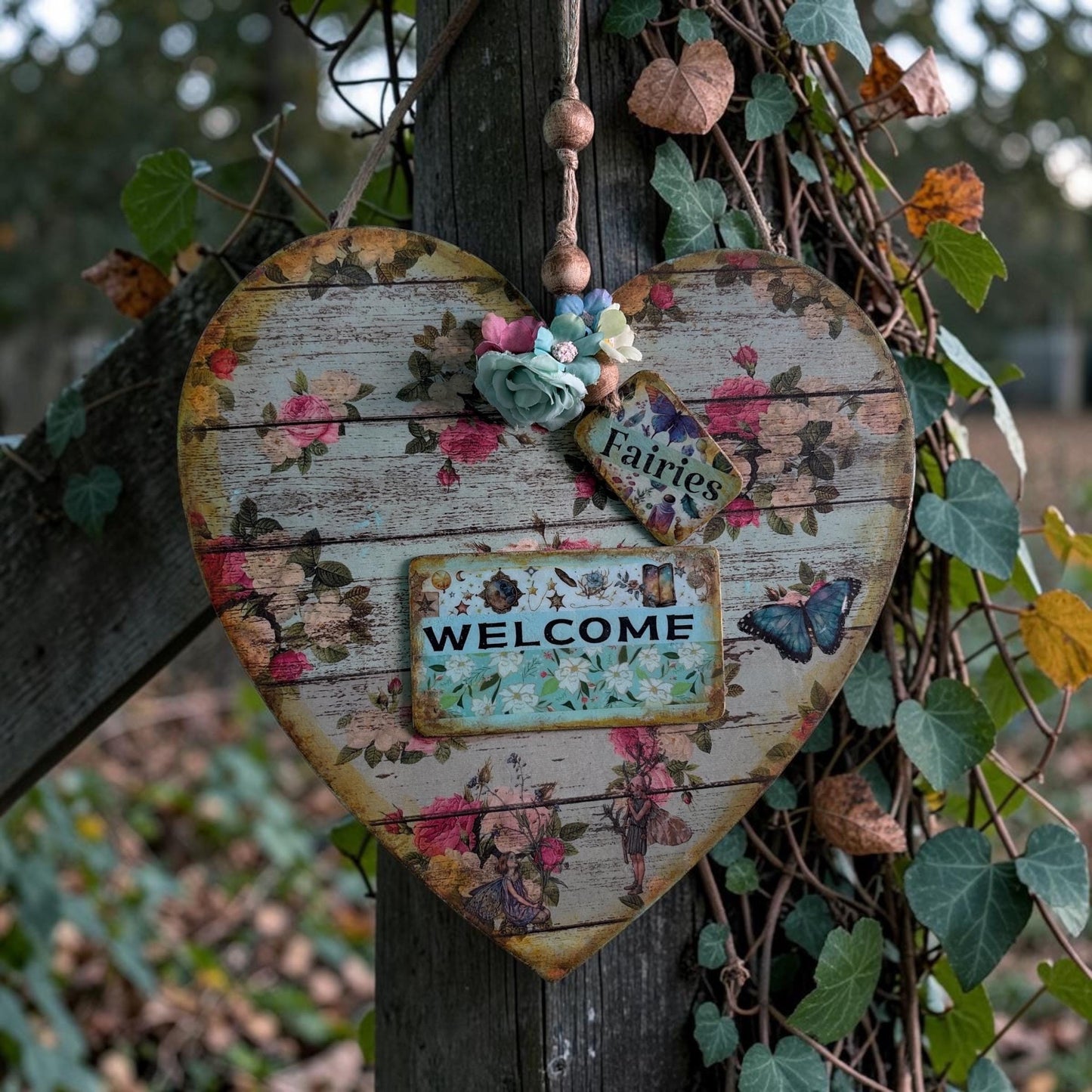 Handmade Fairy Welcome Heart Wall Hanging - Shabby Chic Decoupage Fairy Garden Decor