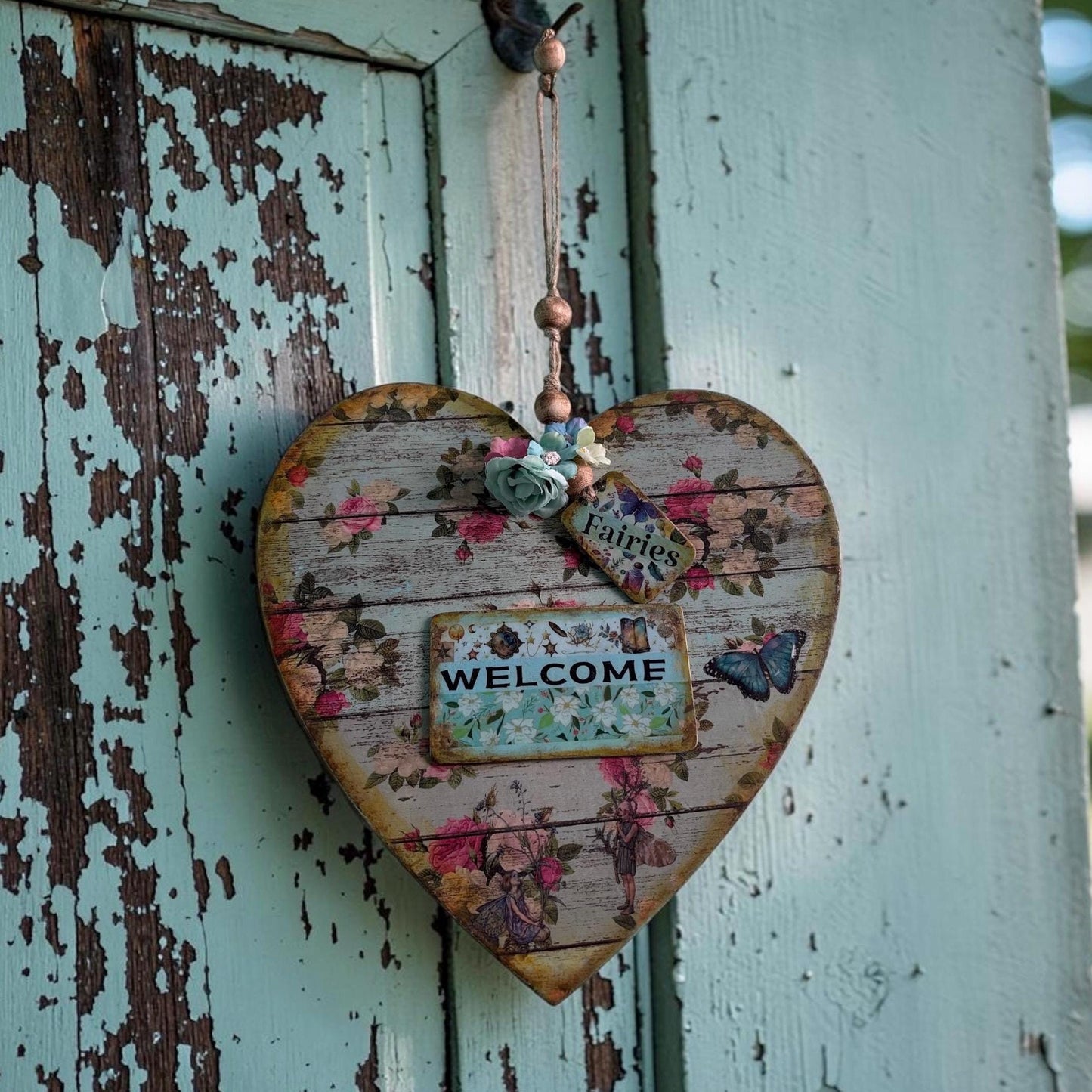 Handmade Fairy Welcome Heart Wall Hanging - Shabby Chic Decoupage Fairy Garden Decor