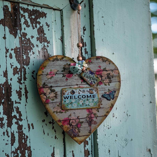 Handmade Fairy Welcome Heart Wall Hanging - Shabby Chic Decoupage Fairy Garden Decor