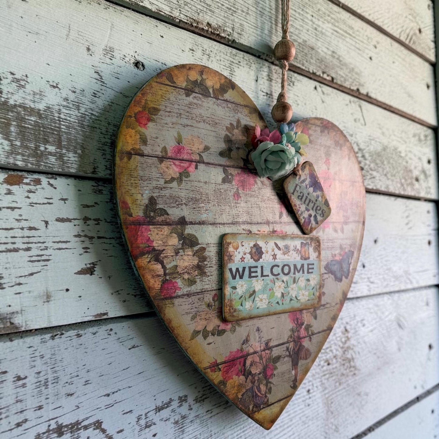 Handmade Fairy Welcome Heart Wall Hanging - Shabby Chic Decoupage Fairy Garden Decor