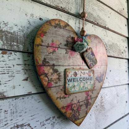 Handmade Fairy Welcome Heart Wall Hanging - Shabby Chic Decoupage Fairy Garden Decor