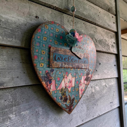 Handmade Fairy Welcome Heart Wall Hanging - Shabby Chic Decoupage Fairy Garden Decor