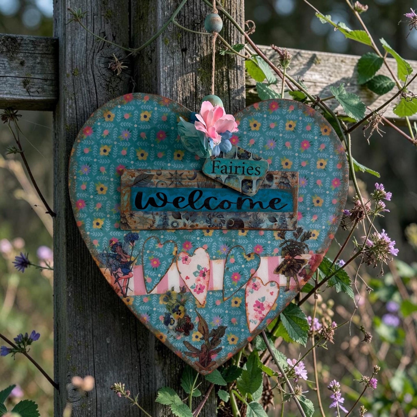Handmade Fairy Welcome Heart Wall Hanging - Shabby Chic Decoupage Fairy Garden Decor