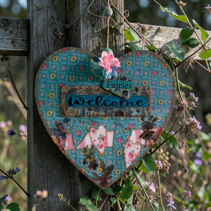 Handmade Fairy Welcome Heart Wall Hanging - Shabby Chic Decoupage Fairy Garden Decor