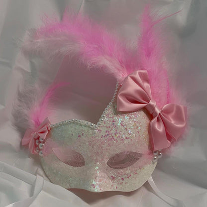 White & Pink Masquerade Mask with Mesh Veil,  – Fairycore Princess, Weddingcore