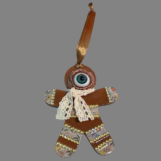 One Eyed Gingerbread Man Ornament | Christmas Tree Decoration | Whimsical Holiday Decor | Hand Painted Folk Art Ornament | Creepy Cute