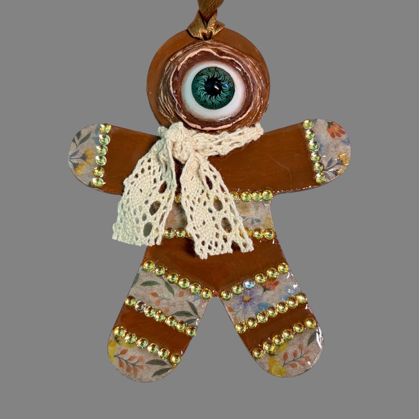 One Eyed Gingerbread Man Ornament | Christmas Tree Decoration | Whimsical Holiday Decor | Hand Painted Folk Art Ornament | Creepy Cute