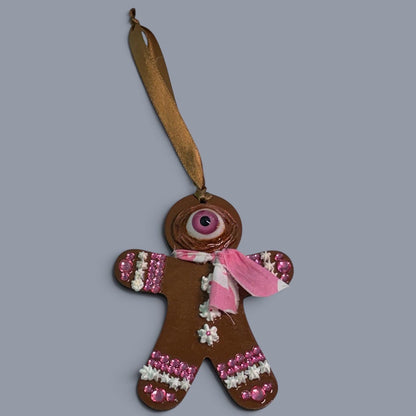 Hand-Painted One-Eyed Gingerbread Man Ornament | Whimsical Folk Art Christmas Decoration