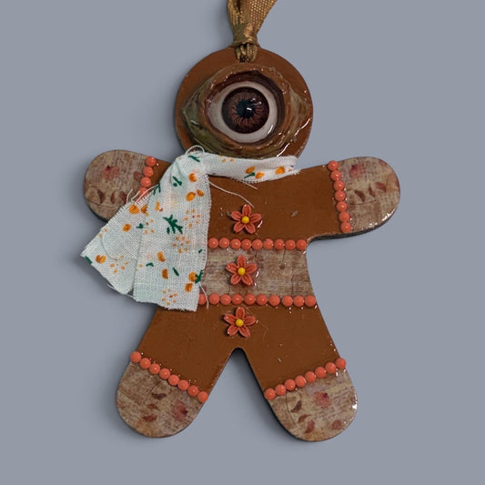 Hand-Painted One-Eyed Gingerbread Man Ornament | Whimsical Folk Art Christmas Decoration