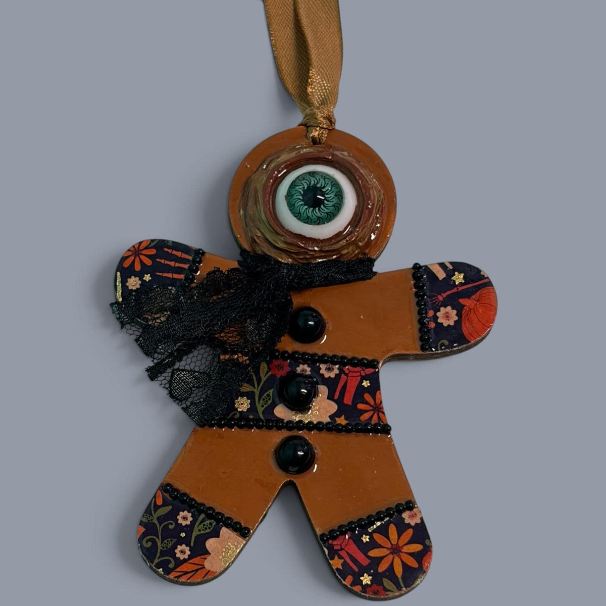 Hand-Painted One-Eyed Gingerbread Man Ornament | Whimsical Folk Art Christmas Decoration