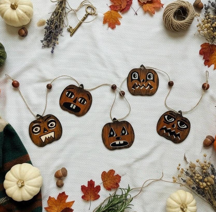 Whimsical Retro Wooden Halloween Pumpkin Garland
