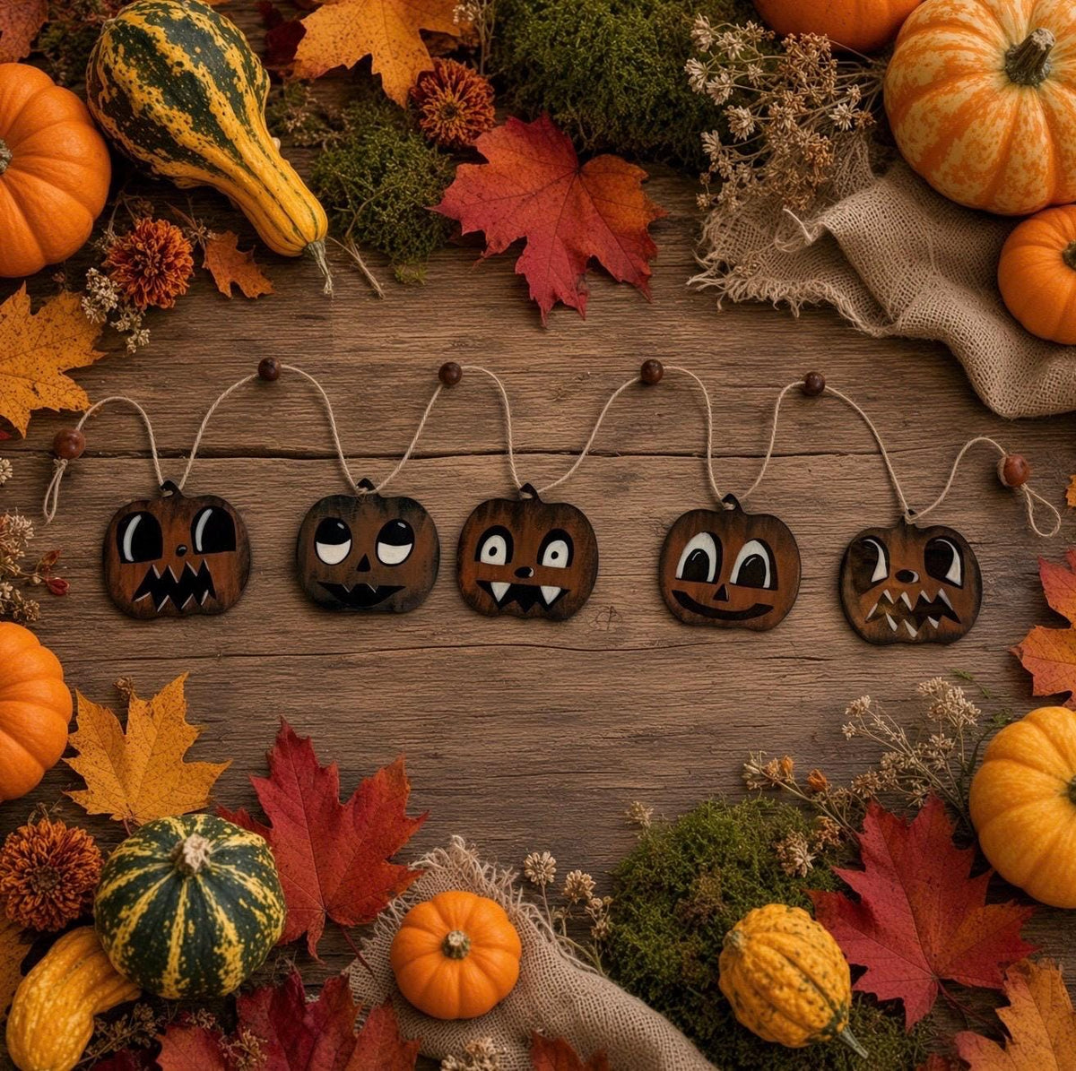 Whimsical Retro Wooden Halloween Pumpkin Garland