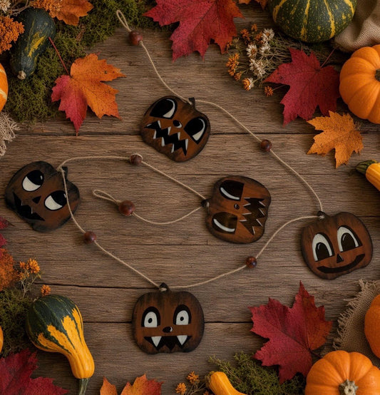 Whimsical Retro Wooden Halloween Pumpkin Garland
