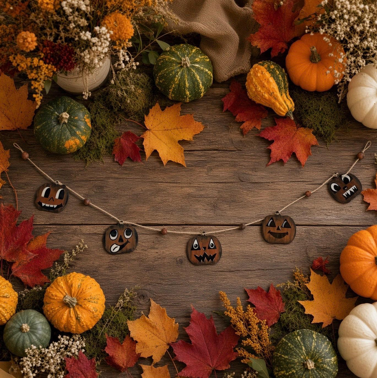 Whimsical Retro Wooden Halloween Pumpkin Garland