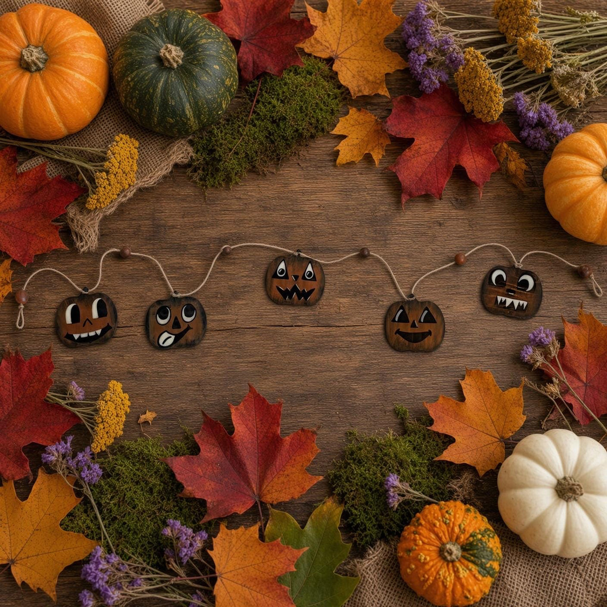 Whimsical Retro Wooden Halloween Pumpkin Garland