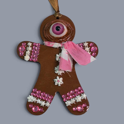 Hand-Painted One-Eyed Gingerbread Man Ornament | Whimsical Folk Art Christmas Decoration
