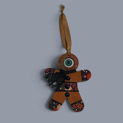 Hand-Painted One-Eyed Gingerbread Man Ornament | Whimsical Folk Art Christmas Decoration